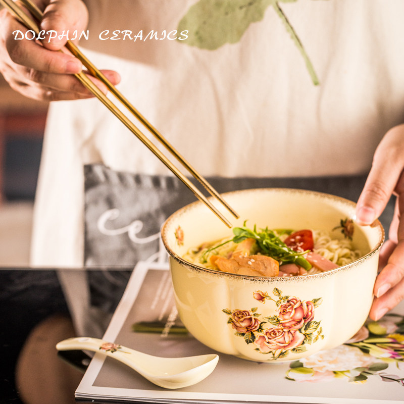 陶瓷面碗生日创意家用陶瓷不烫手汤碗沙拉碗女皇金玫瑰耐高温精致