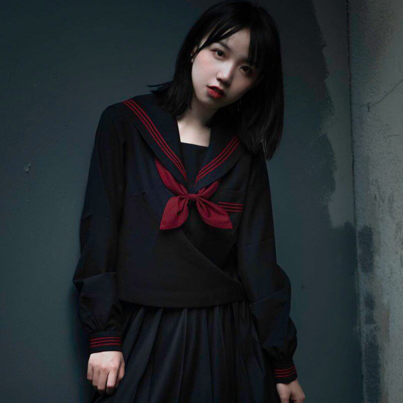 樱花家族jk制服水手服 赤三本基本款黑色不良长袖 中间服套装女
