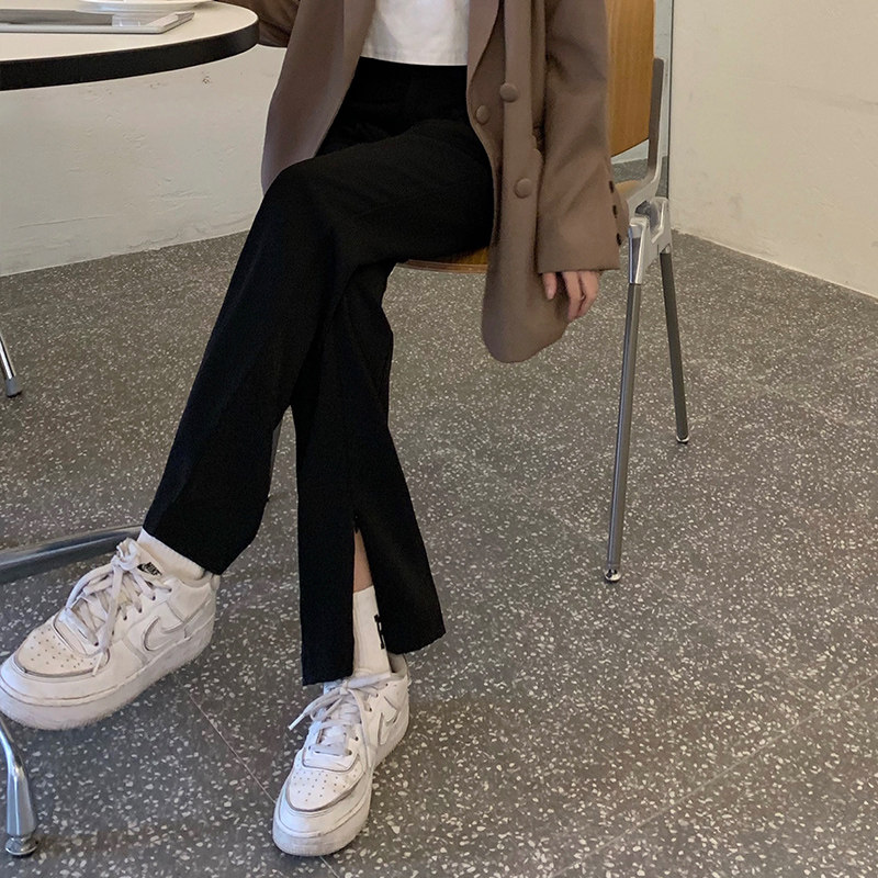 前开叉裤子女春季新款高腰阔腿垂感休闲显瘦小个子西装拖地直筒裤