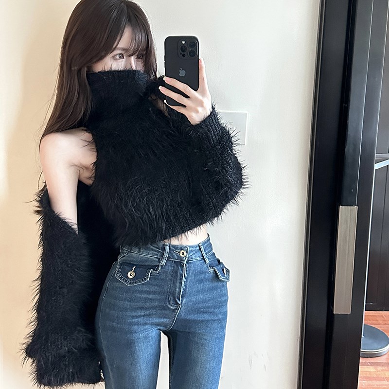 毛绒白色毛衣外套女秋季小个上衣宽松针织开衫百搭保暖短款披肩上