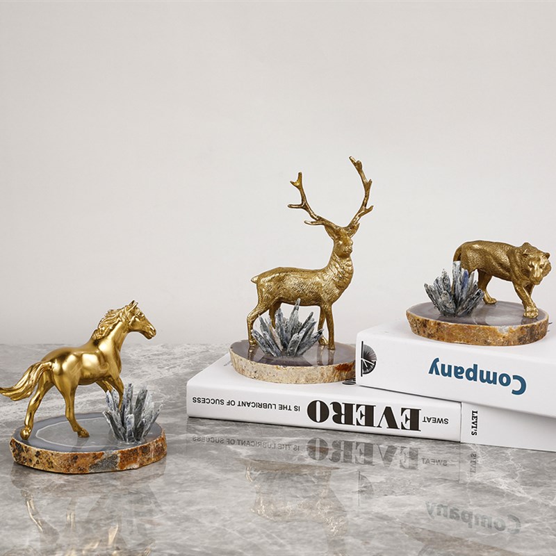 天然水晶石花草黄铜骏马鹿老虎家居送礼摆件书房办公室桌面软装饰
