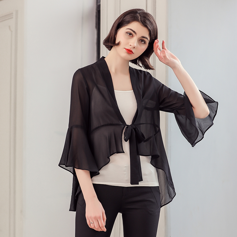 喇叭袖上衣女夏2021新款七分袖雪纺小披肩系带开衫薄外套裙子外搭