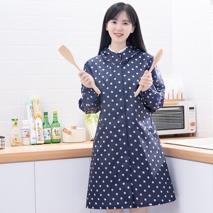 罩衣大人拉链时尚防水防油厨房家用长袖波点工作防护服女长款围裙