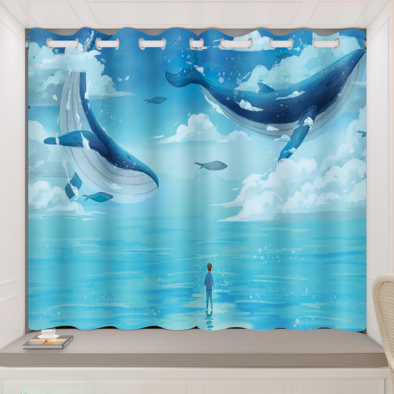 儿童房窗帘男孩北欧简约风客厅卧室飘窗遮光卡通鲸鱼背景短帘定制