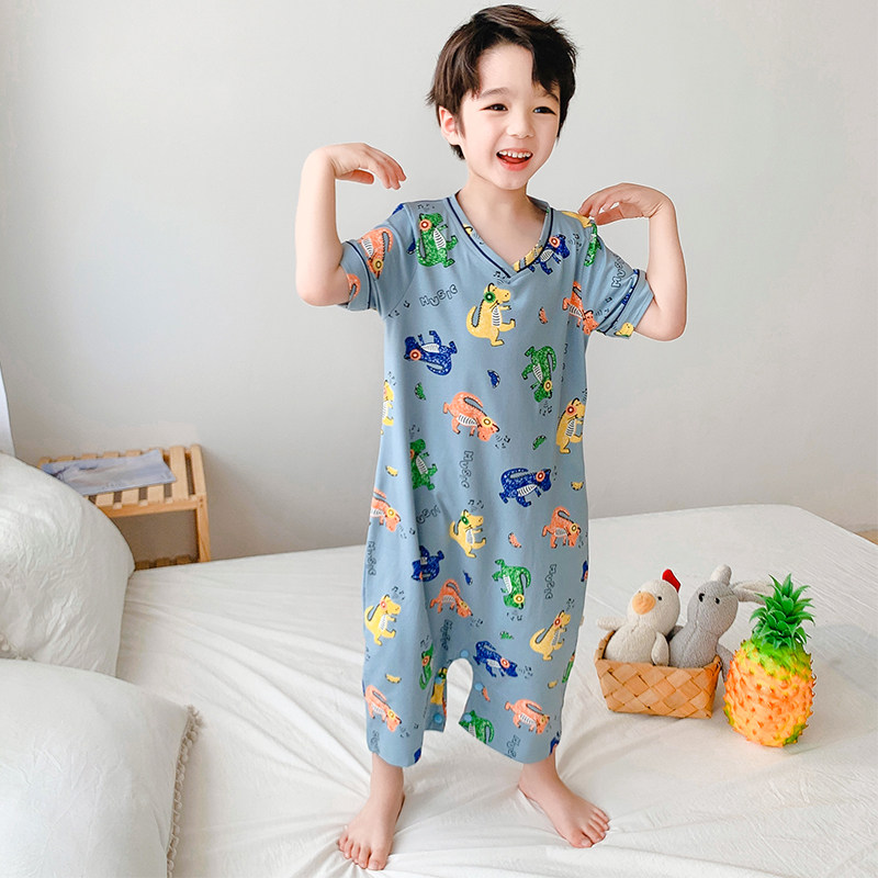恐龙衣服儿童连体睡衣夏季薄款男童短袖纯棉宝宝大童连身睡袍长袖