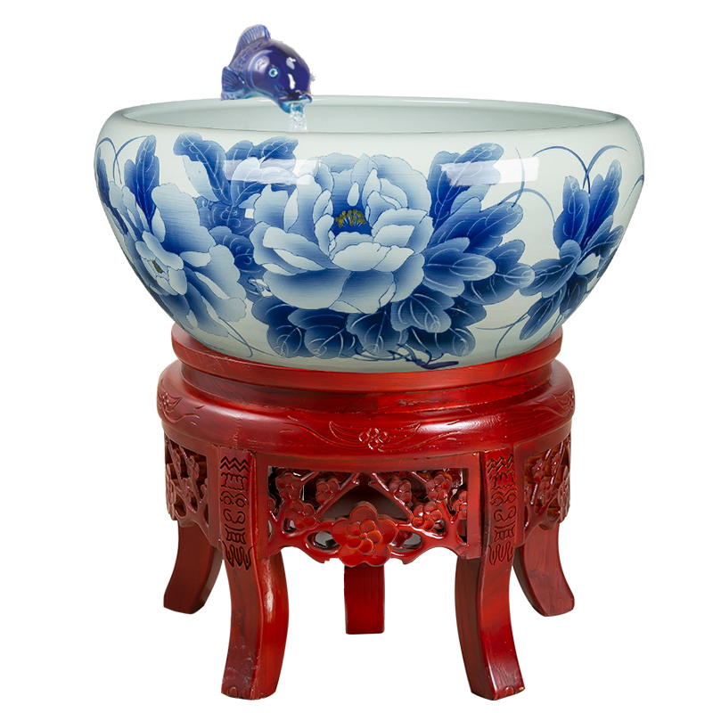 景德镇陶瓷鱼缸喷泉喷水循环增氧过滤器手绘山水锦鲤缸乌龟缸摆件