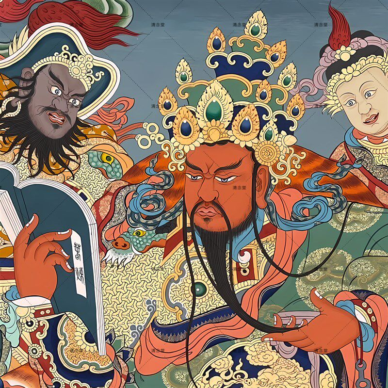 文财神关羽画像关公看书玄关客厅装饰字画书房沙发背景墙丝绸挂画