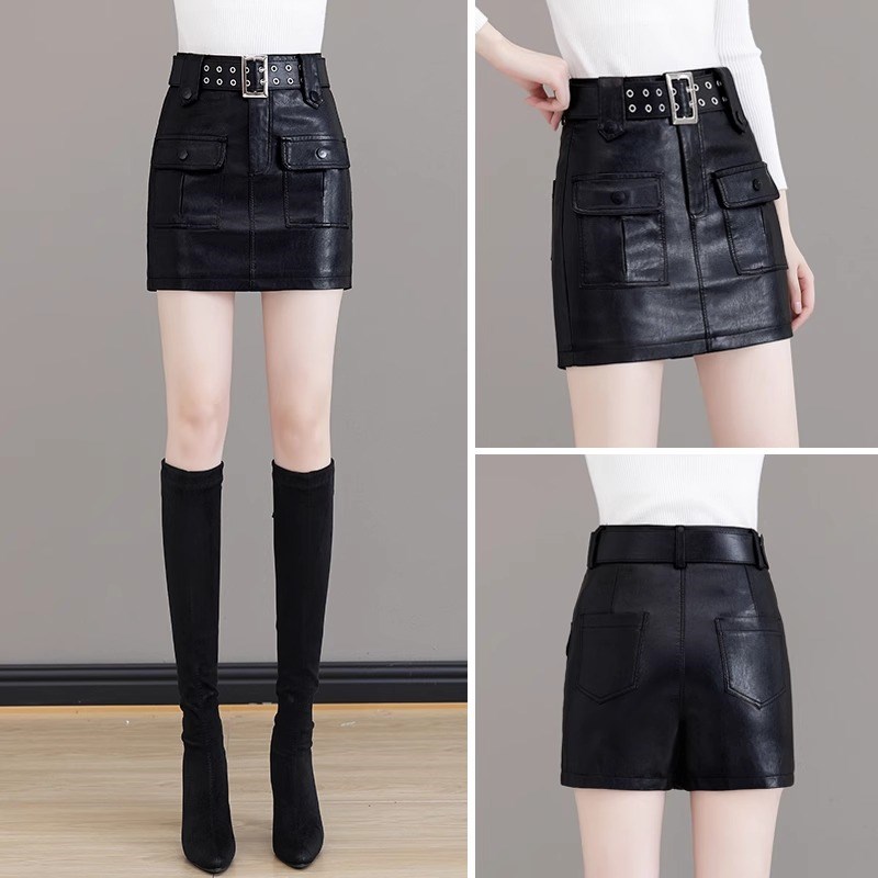 pu皮裙半身裙裤秋冬女2024新款短裙百搭咖色高腰修身a字包臀裤裙