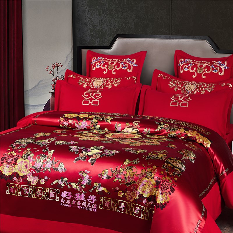 床上用品婚庆被套喜被绸缎被面龙凤百子图结婚喜庆新婚陪嫁软丝绸