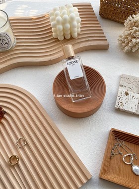 TJJ丨ins韩国同款实木托盘几何日式置物盘艺术装饰摆件拍摄道具