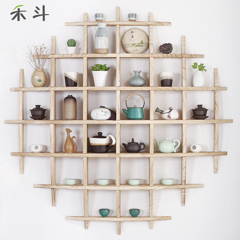 博古架挂墙实木壁挂式茶杯架中式仿古多宝阁置物架茶具摆架展示架