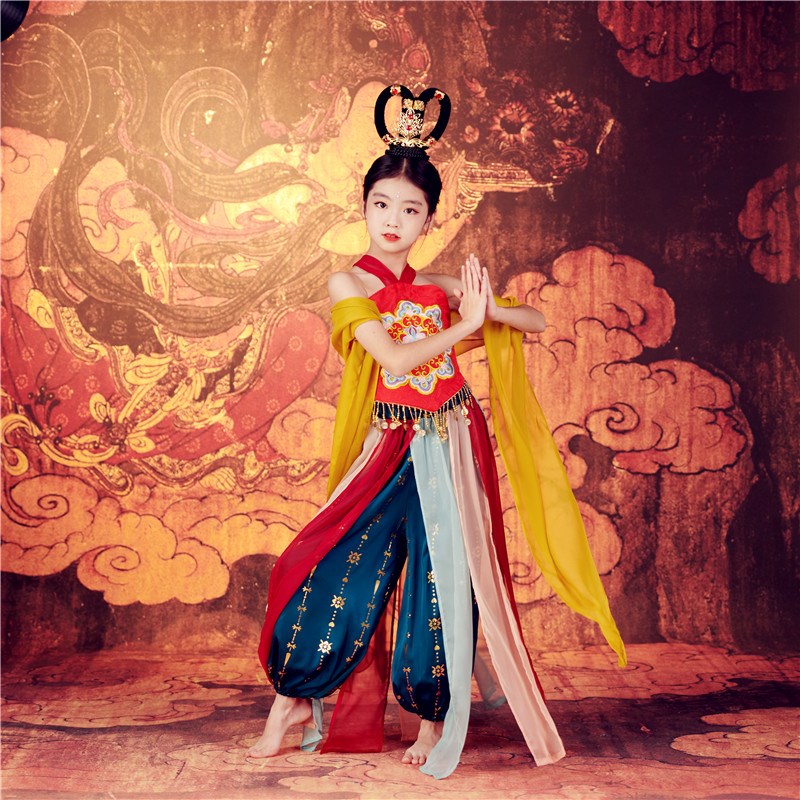 儿童敦煌飞天舞蹈服女童异域风情演出服古典舞反弹琵琶表演服