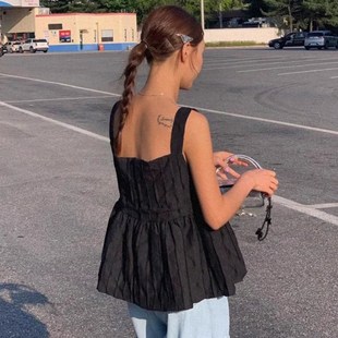 甜美简约宽松休闲纯色短款 法式 女夏季 气质褶皱感无袖 上衣 吊带衬衫