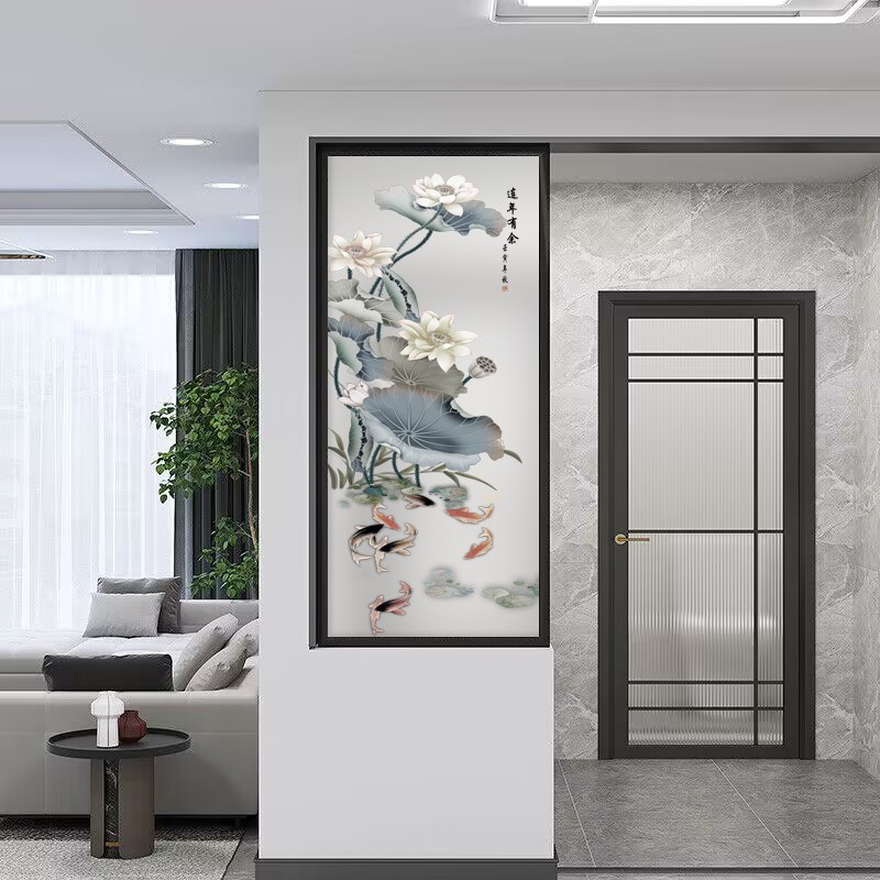 新中式艺术玻璃屏风隔断客厅入户玄关钢化玻璃磨砂定制轻奢荷花图