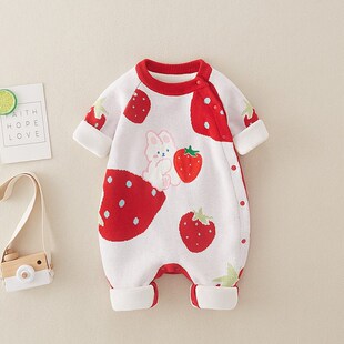 婴儿衣服加绒满月公主爬服可爱粉色女宝连体毛衣纯棉春秋爬服套装