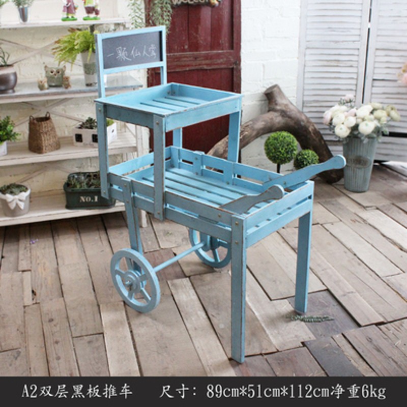 美式乡村做旧推车带轮子三层花架置物架黑板咖啡馆店铺装饰花车