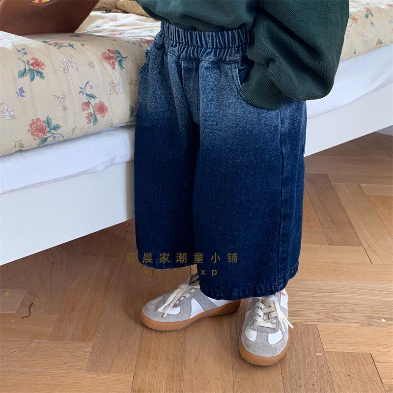 儿童新款春装2025男童渐变色牛仔裤中小童宽松阔腿直筒裤七八分裤