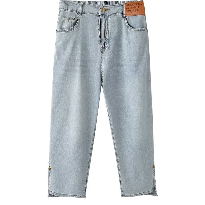 巨显瘦夏季薄款大码开叉柳钉八分牛仔裤2024高腰百搭弹力直筒女裤