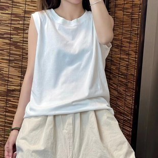 文艺简约纯棉吊带背心女士宽松休闲百搭圆领T恤无袖 夏季 打底上衣
