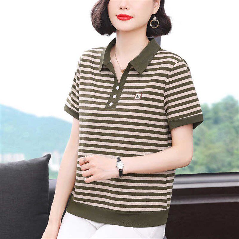 妈妈短袖t恤女 新款2025夏装洋气纯棉小衫中老年大码条纹翻领上衣