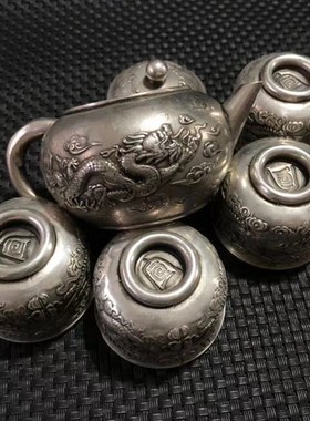 古玩铜器收藏仿古镀银白铜双龙酒壶茶壶龙凤呈祥酒杯茶杯一套摆件