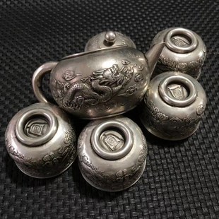 古玩铜器收藏仿古镀银白铜双龙酒壶茶壶龙凤呈祥酒杯茶杯一套摆件