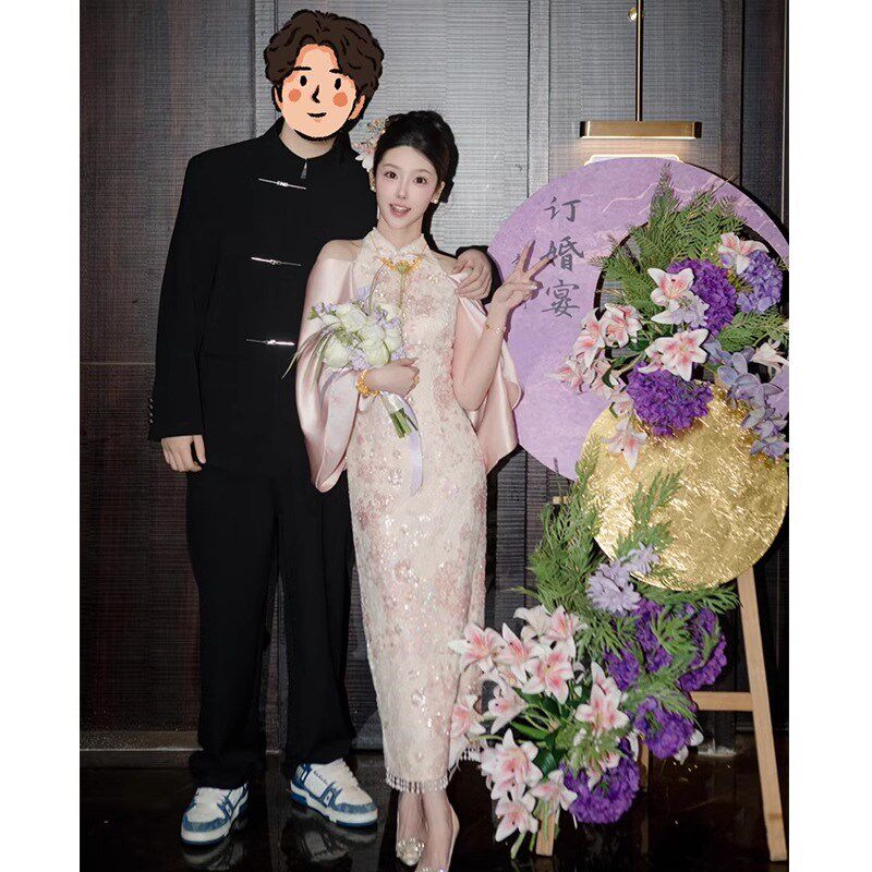 粉色旗袍敬酒服新娘2025新款高级感新中式订婚礼服女轻奢小众晨袍