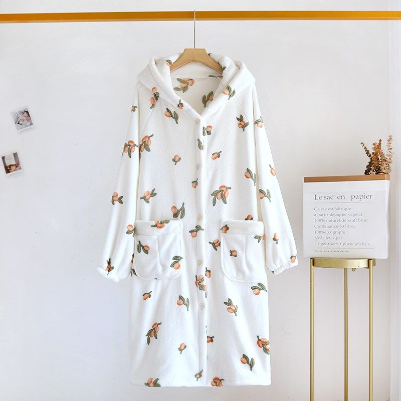 小清新~女款秋冬季加厚珊瑚绒中长款连帽浴袍宽松法兰绒睡裙睡袍