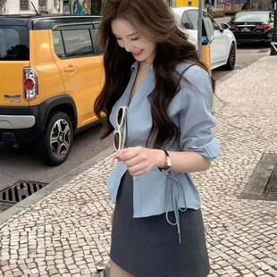 高腰短裙显瘦两件套 春夏搭配一整套女设计感韩系气质翻领收腰衬衫