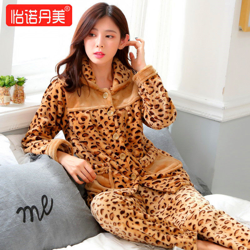 加厚秋冬季珊瑚绒睡衣女套装长裤袖可爱法兰绒开衫加绒家居服大码