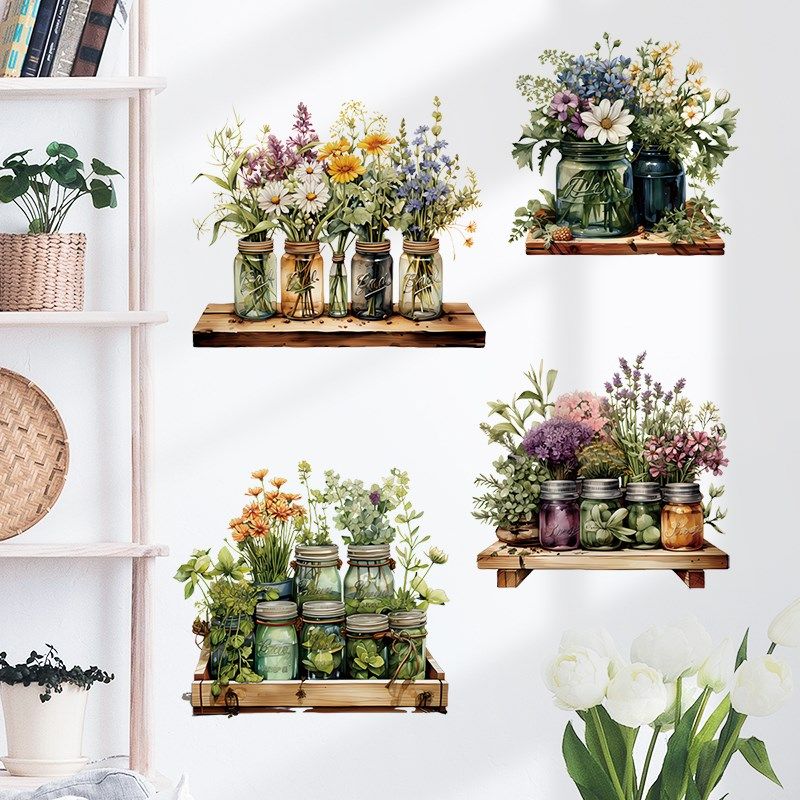 简约清新花瓶盆栽花朵隔板植物墙壁贴纸自粘墙面装饰画遮丑挡洞,家居饰品,软装墙贴,淘宝优惠券,粉丝福利购,淘宝优惠卷