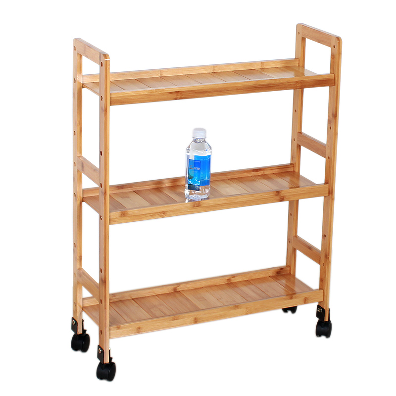 竹制品置物架落地极窄款20cm夹缝木质架子收纳架带轮厨房缝隙架小