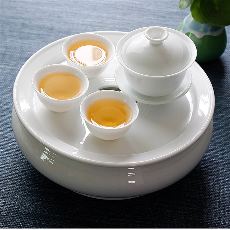 高温白瓷纯白潮汕功夫茶具套装8寸圆形茶盘储水整套盖碗茶杯家用