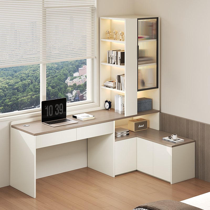 卧室实木转角书桌书柜床头柜一体桌组合家用飘窗拐角电脑桌可定制