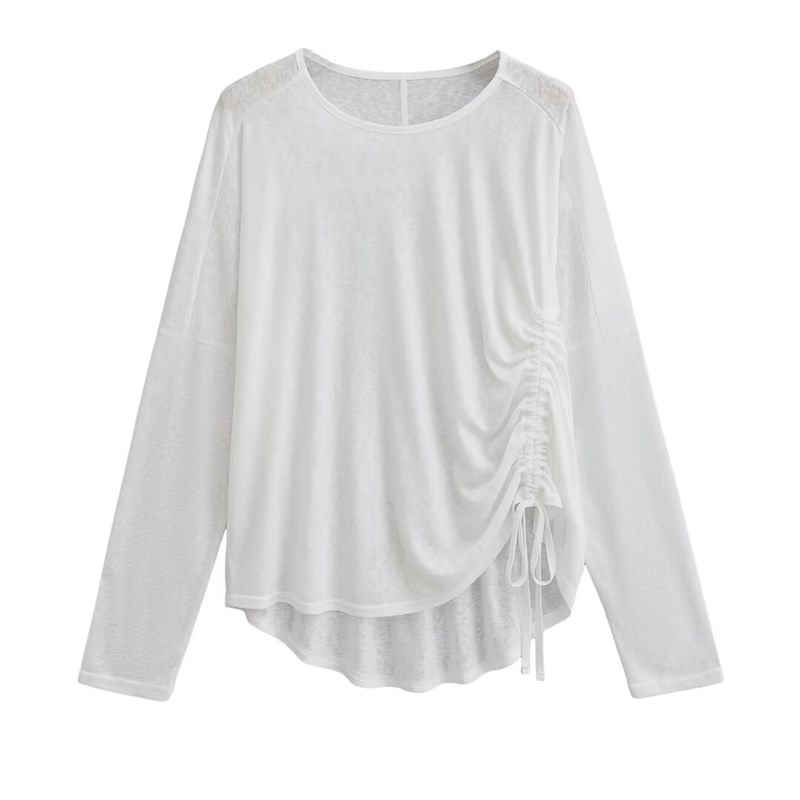 设计感侧边抽褶不对称松弛感舒适薄款长袖T恤爵士舞宽松罩衫上衣