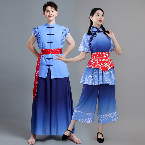 2023新款村姑丰收节南泥湾采茶扇子舞斗笠舞秧歌服舞蹈演出服男女