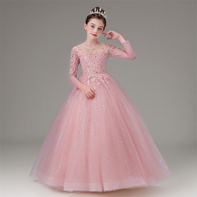 儿童礼服粉色长袖秋冬花童公主裙小女孩生日女童主持人钢琴演出服