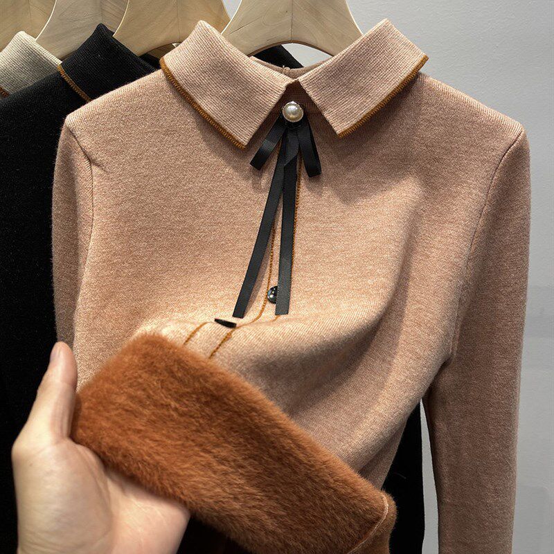 保暖内衣女士加厚加绒一体绒上衣秋冬季外穿百搭毛衣娃娃领打底衫