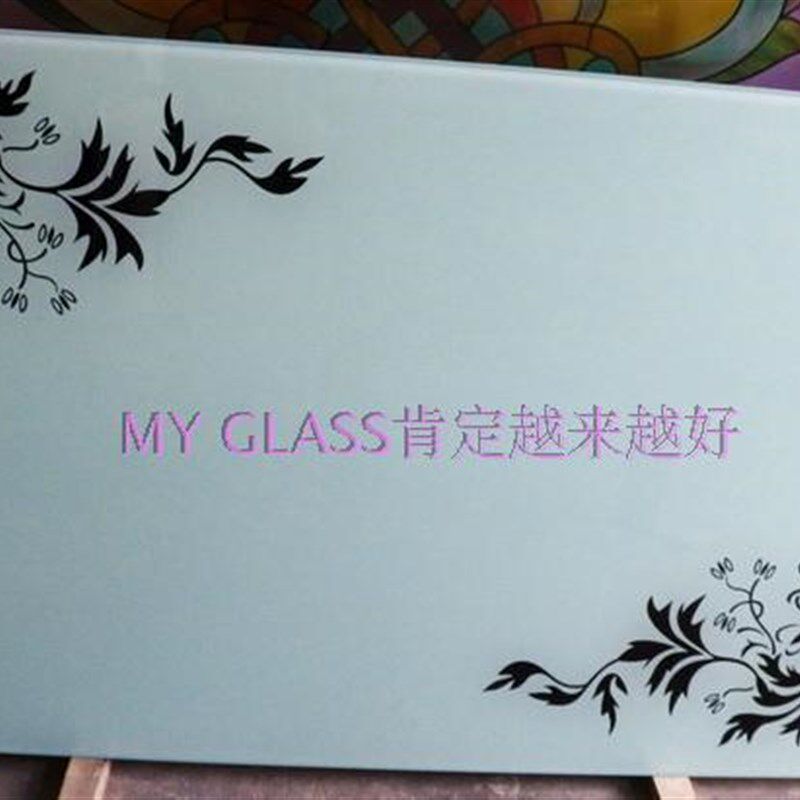 武汉厂家做烤漆钢化桌面吊顶电视背景墙艺术玻璃红底白图对角花藤