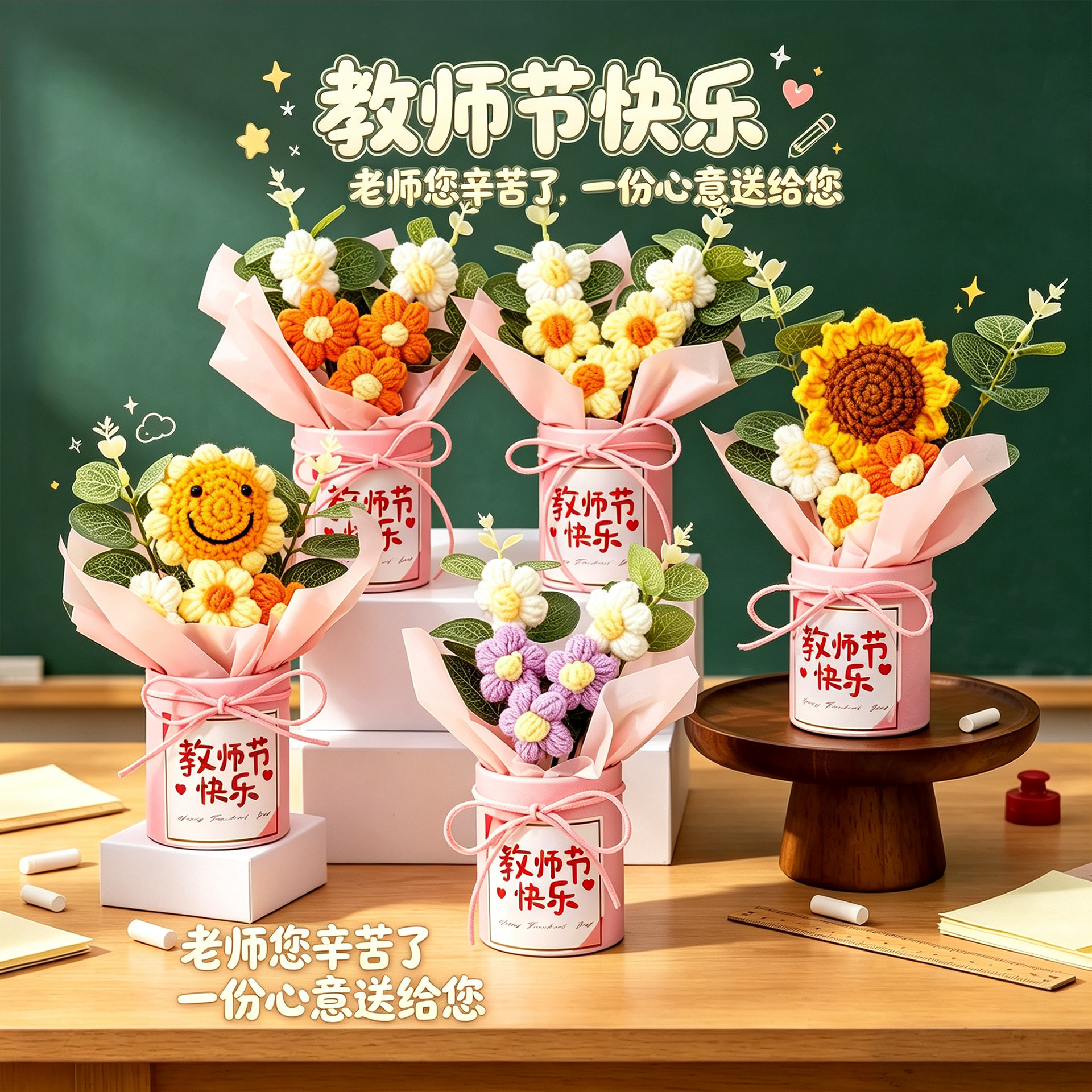 手工编织仿真花束抱抱桶教师节图片
