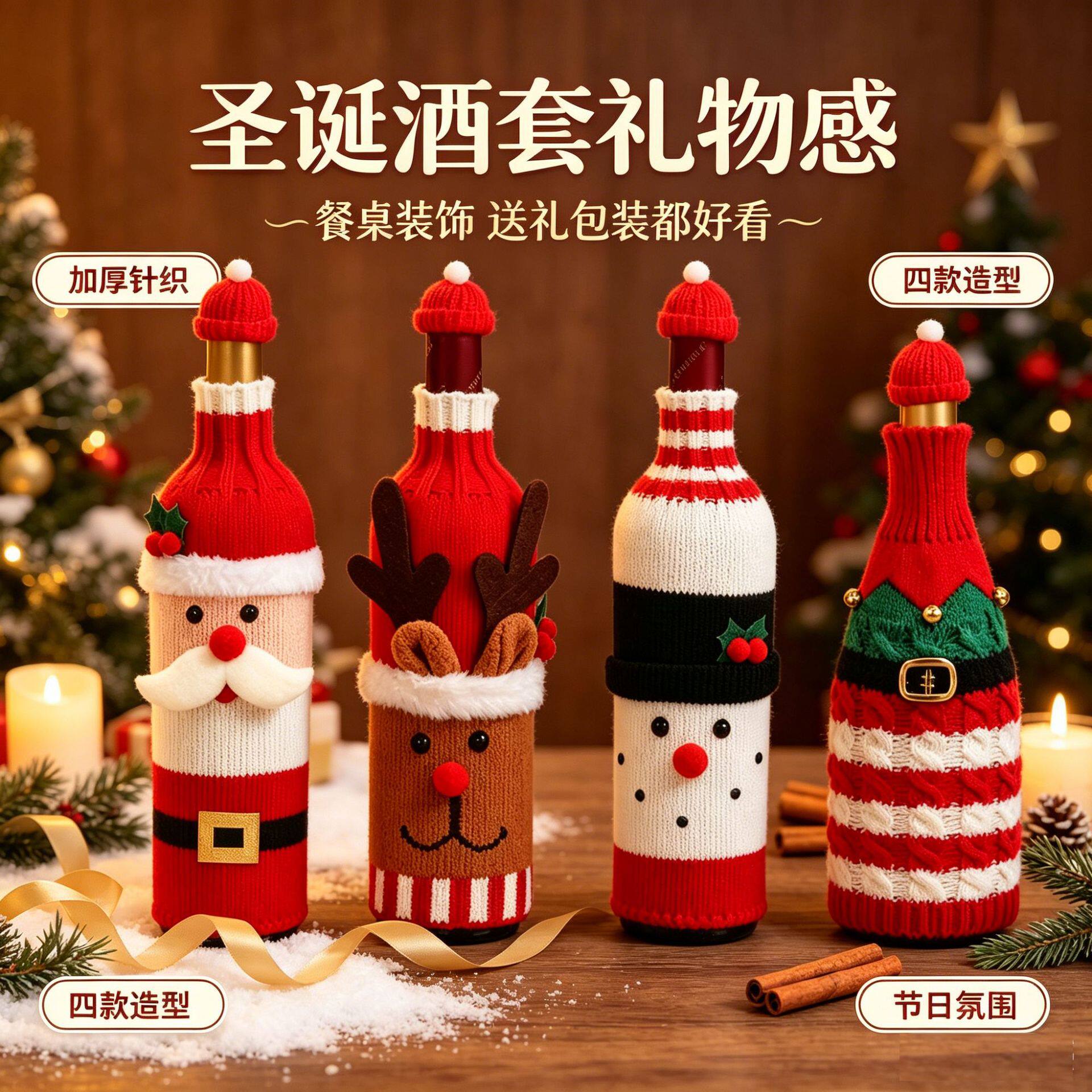 圣诞节酒瓶针织套装饰品圣诞老人麋鹿香槟红酒保护套派对摆件布置