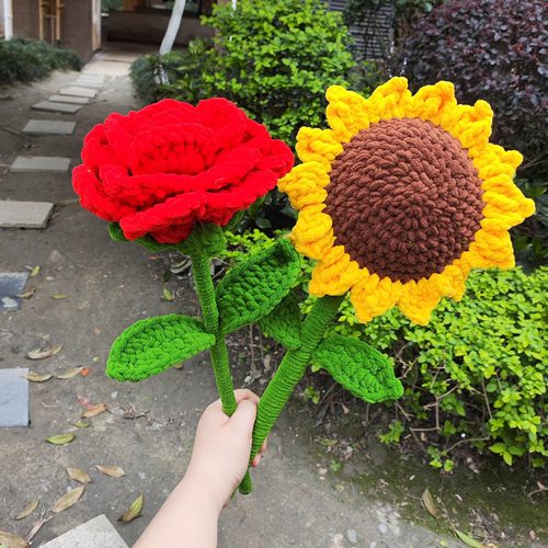 成品编织毛线大花束向日葵玫瑰花