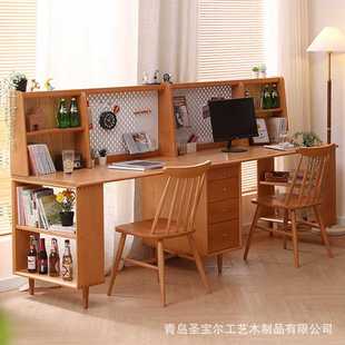 榉木书柜小户型电脑桌多功能写字台 全实木书桌家用书房学习桌日式