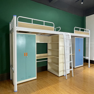 上床下桌铁架床员工宿舍公寓床带书柜护栏多功能组合床双人高架床