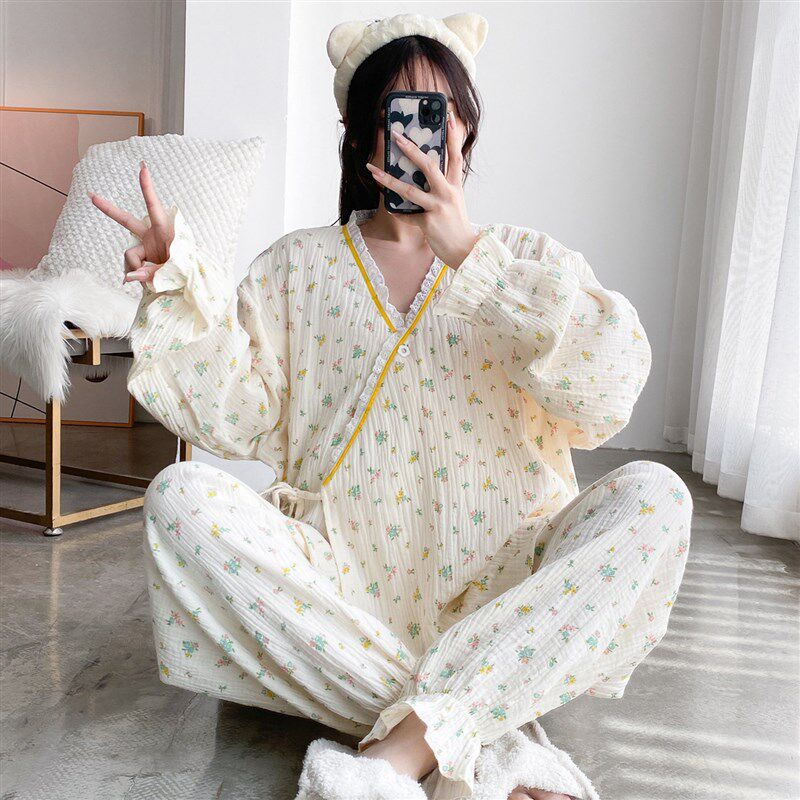 纯棉纱布睡衣孕妇月子服q大码200斤春秋季产后哺乳家居服套装300
