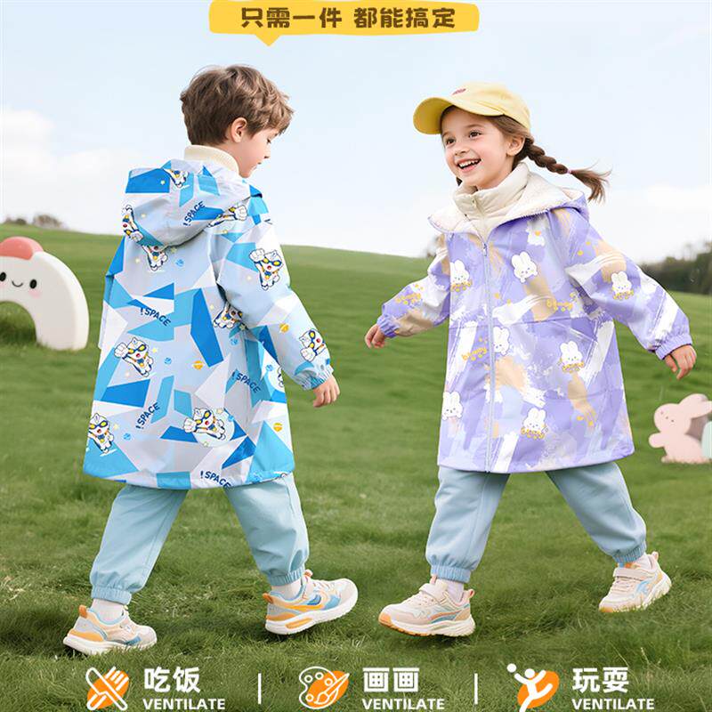 儿童罩衣防水防脏防风羽绒服v男女宝宝外穿画画中大童冬季2025新