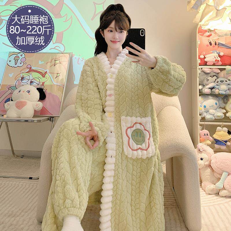 睡袍女冬季珊瑚绒加厚绒法兰绒长款B浴袍加肥大码200斤家居服套装