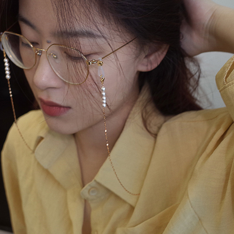 淡水珍珠墨镜链条挂链q古风口罩绳钛钢不掉色金色银色挂脖耳机挂