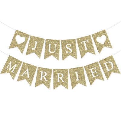 JUST MARRIED玫瑰金香槟金白心布燕尾旗横幅装饰旗婚庆婚礼拉旗