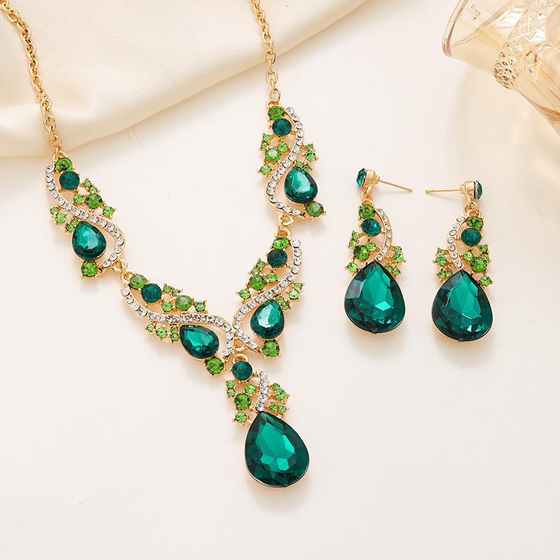 temu热销宴会绿宝石水滴项链耳环套装女高级感跨境珠宝饰品首饰
